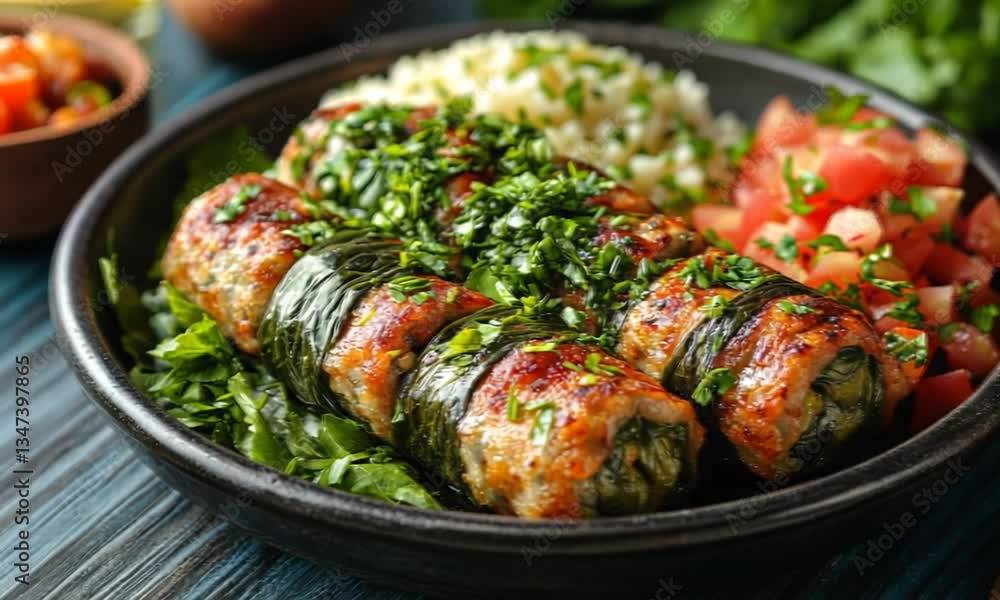 Grilled meat rolls wrapped in greens served with rice and fresh vegetables on a vibrant table Grilled meat rolls wrapped in greens served with rice and fresh vegetables on a vibrant table