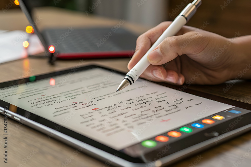 Hand Holding a Stylus Pen While Annotating Text on Tablet Screen with Colorful Icons and Computer in Background for Digital Note-taking