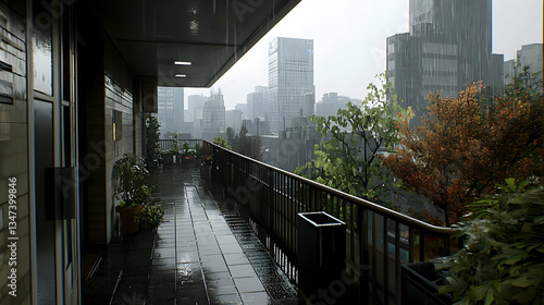Wet Balcony View Of A Modern Cityscape During A Rainy Day With Tall Buildings Under A Cloudy Sky