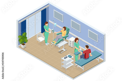 Isometric female patient sits in a reclining medical chair receiving IV chemotherapy . A nurse in green scrubs is taking a blood sample from a male patient seated on an examination table.