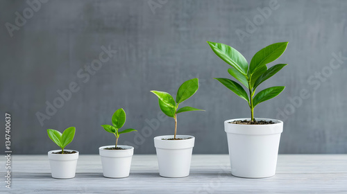 Four Potted Plants Showcasing Stages Of Growth Against A Textured Gray Background