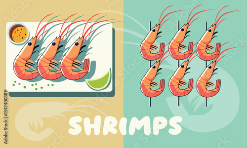 A bright vector illustration of shrimp cooked in two different ways. On the left, fried shrimp on a plate with sauce and lime; on the right, skewered shrimp for grilling. 
