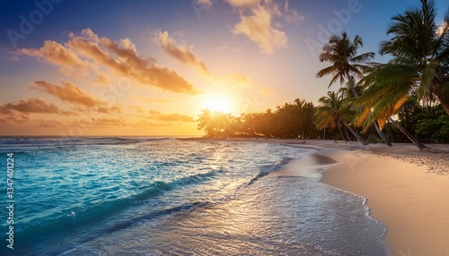 Pristine tropical beach with turquoise waters, palm trees swaying under a golden sunset, warm summer aesthetic, perfect for travel, vacation ads, tropical wallpapers, luxury tourism, and resort brandi
