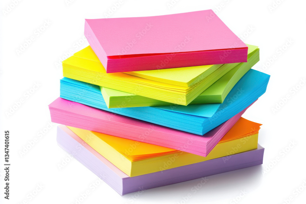 Stack of colorful sticky notes in pink yellow green blue orange and purple on a white background Stack of colorful sticky notes in pink yellow green blue orange and purple on a white background