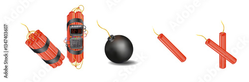 Realistic 3d bomb dynamite sticks with burning fuse. Vector