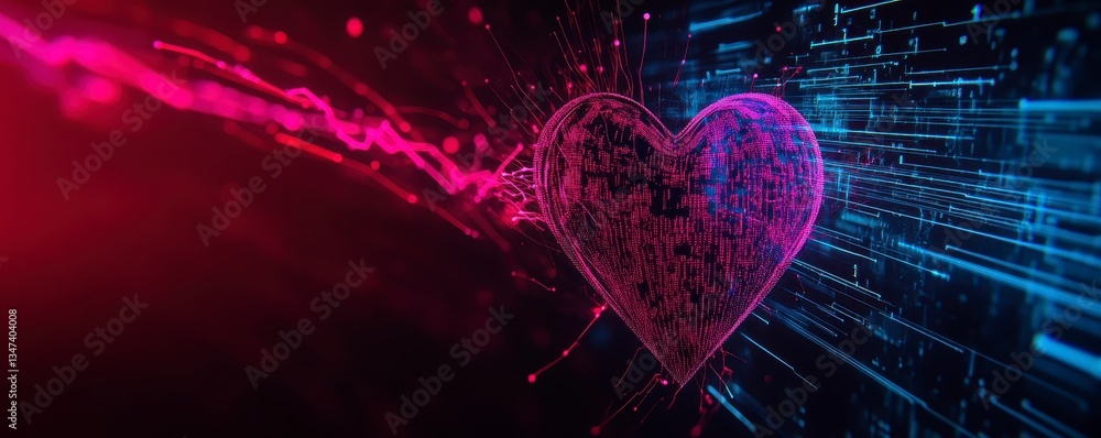 Φωτογραφία A vibrant digital heart graphic radiating streams of light, combining pink and blue colors, symbolizing love and technology in a modern aesthetic