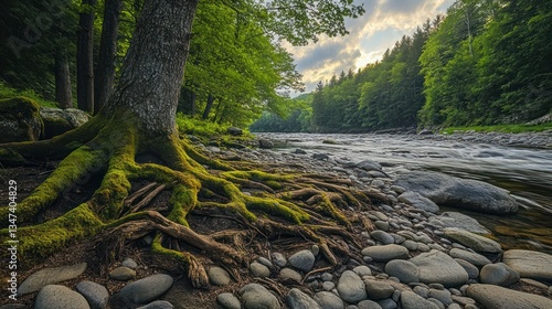 Lush forest riverbank with mossy roots