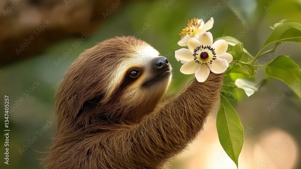 Fototapeta premium A sloth gently interacts with a blooming flower, showcasing its slow, peaceful nature amidst a lush green environment.