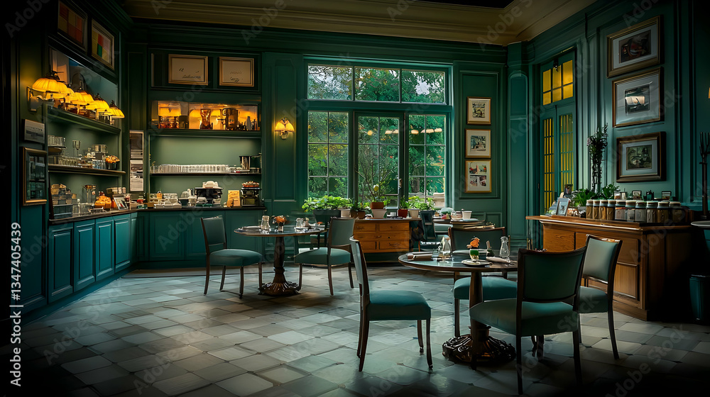 Obraz premium Elegant Interior Of A Restaurant Featuring Green Walls Round Tables And Chairs Next To A Large Window With Natural Light And Artwork