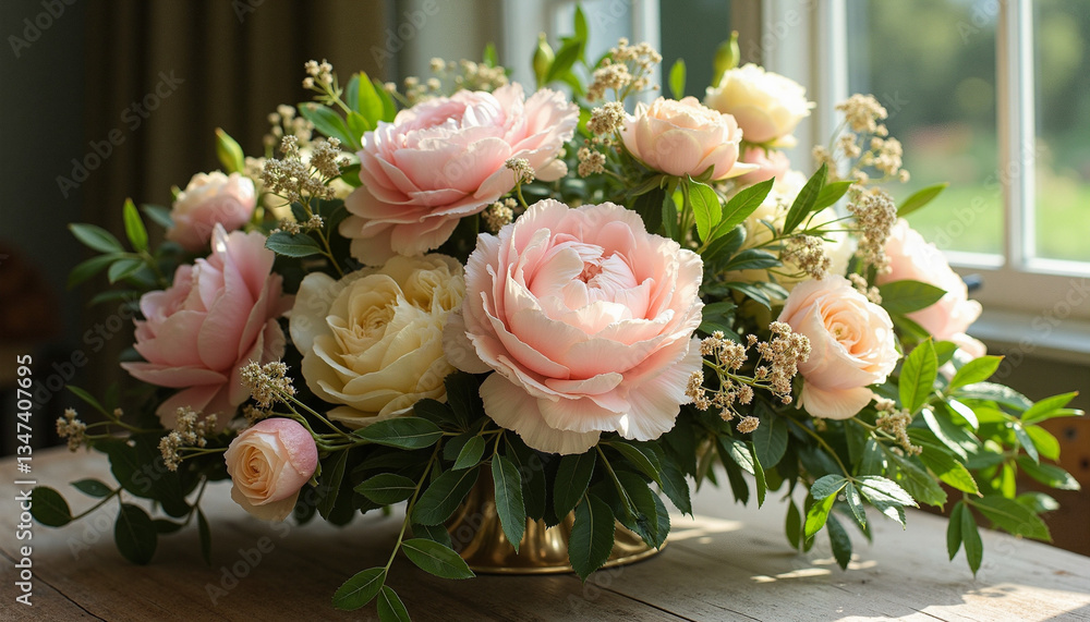 Obraz premium Beautiful flower arrangement with peonies and roses in a golden vase on a wooden table by the window