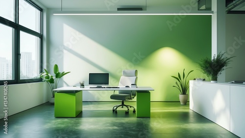 Aesthetic gradient white to green themed office interior concept