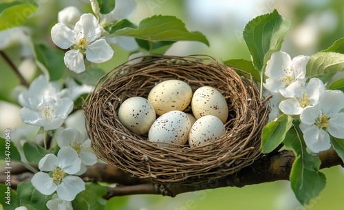 Colorful Eggs in a Nest Among Blooming Apple Tree Flowers During Springtime