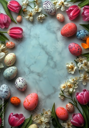 Colorful Eggs and Flowers Create a Cheerful Spring Atmosphere for Easter Cele...