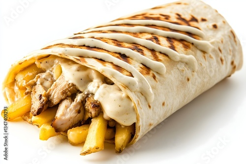 A close-up of a french taco with chicken, french fries and a garlic sauce isolated on a white background