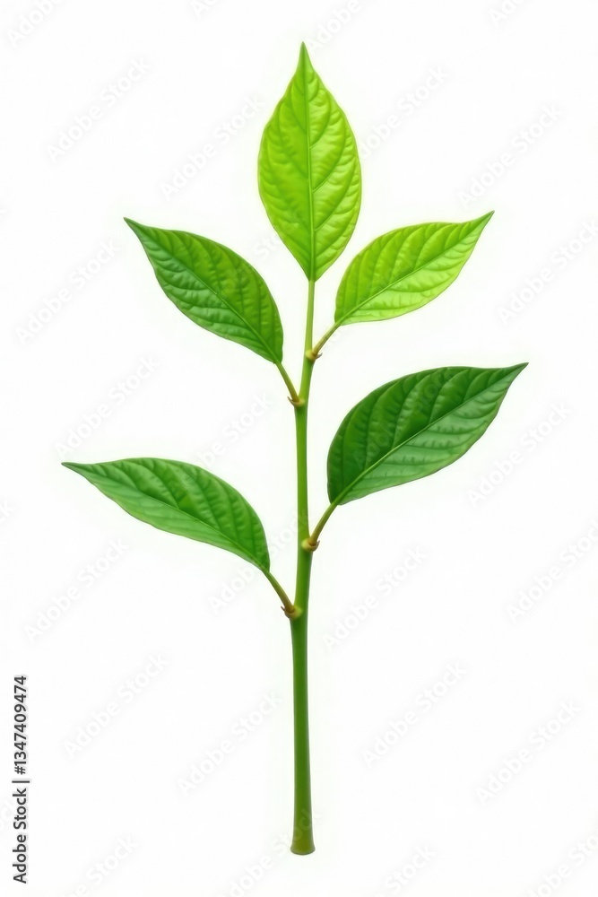 Small green stem with leaves on a white background, flora, leafy greens, stem Small green stem with leaves on a white background, flora, leafy greens, stem