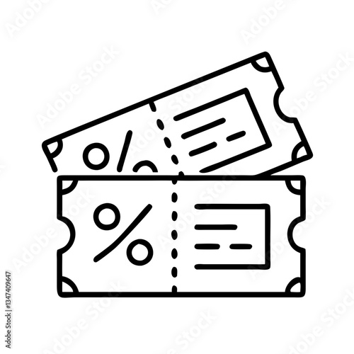 The image features a line drawing of discount coupons or tickets, typically used for promotional offers in shopping and retail.