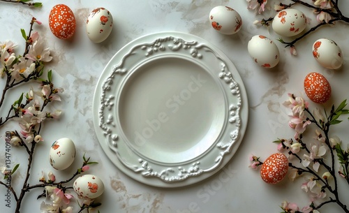 Decorated Plate Surrounded by Colorful Easter Eggs and Spring Flowers on a Wh...