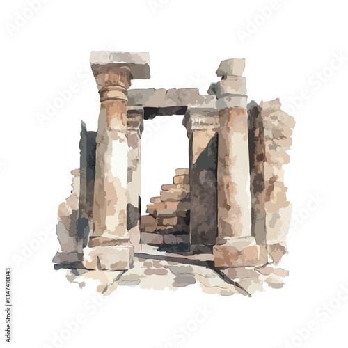 Ruins of columns, remains of ancient building, watercolor illustration.