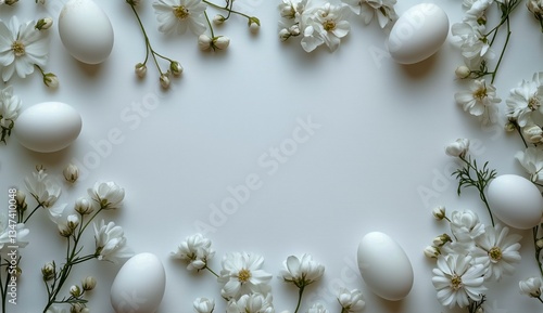 White Eggs Surrounded by Delicate White Flowers on a Light Background for Spr...
