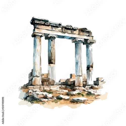 Ruins of columns, remains of ancient building, watercolor illustration.