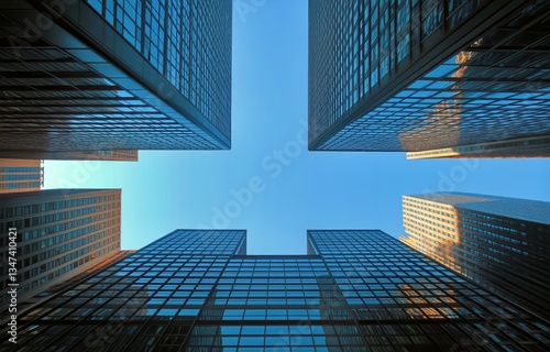Skyscrapers Reflect Blue Sky in Urban Landscape of Downtown City During Brigh...