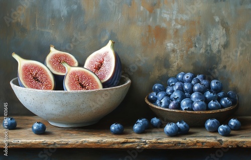 Fresh Figs and Blueberries Arranged in Wooden Bowls on Rustic Shelf