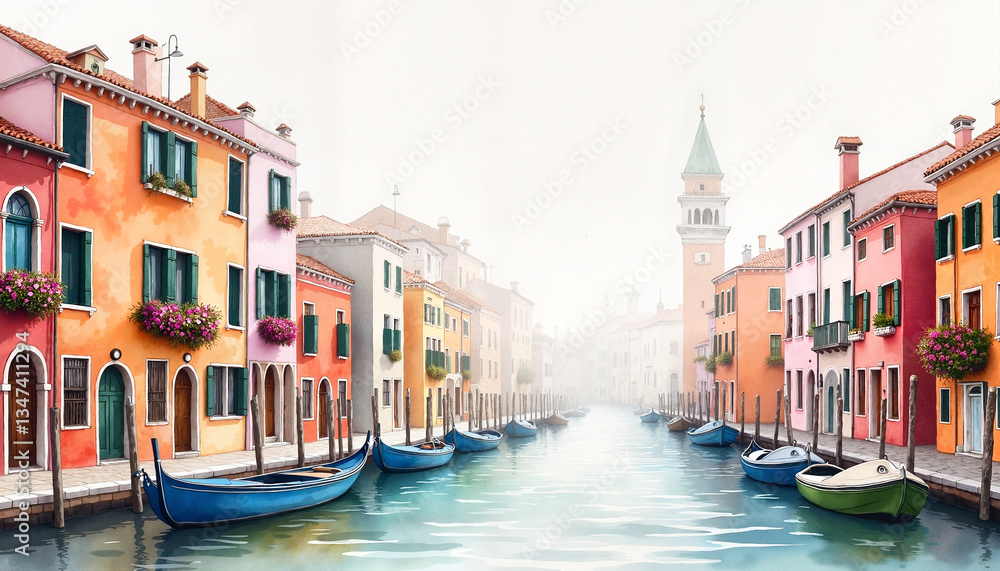 Fototapeta premium Colorful buildings lining Venice canals in morning mist, serene beauty