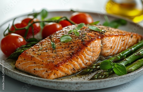 Grilled Salmon Fillet Served With Asparagus and Cherry Tomatoes on a Plate