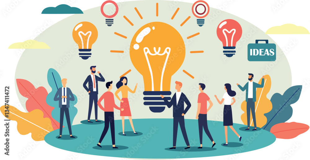 Vector illustration of a group of people discussing new ideas. A large light bulb in the center symbolizes creativity and innovation. Vector illustration of a group of people discussing new ideas. A large light bulb in the center symbolizes creativity and innovation.