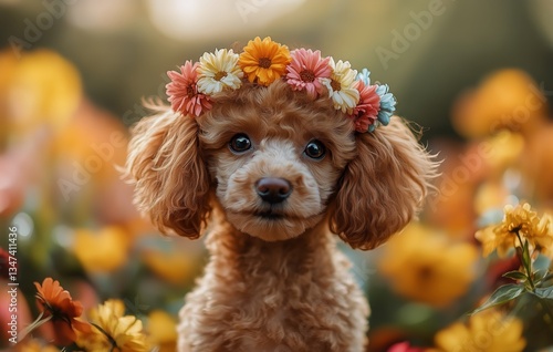 Cute Puppy Wearing a Flower Crown Surrounded by Colorful Flowers in a Sunny G...