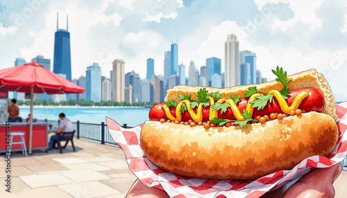Colorful Chicago hotdog at waterfront stall with skyline backdrop, culinary delight