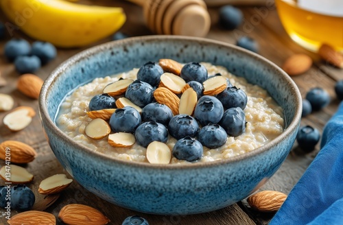 Delicious Bowl of Oatmeal Topped With Blueberries and Almonds Served on Woode...