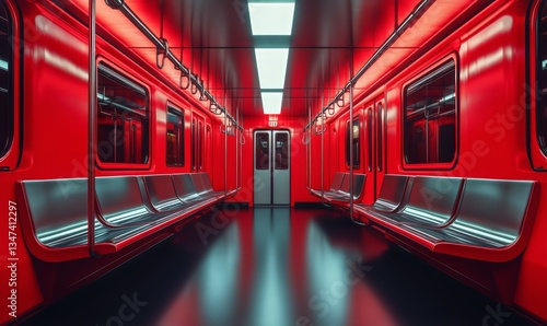 Vibrant Red Interior of an Empty Subway Train at Night With Bright Lighting I...