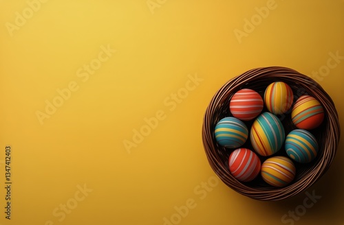 Colorful Easter Eggs Arranged in a Wicker Basket on a Bright Yellow Background