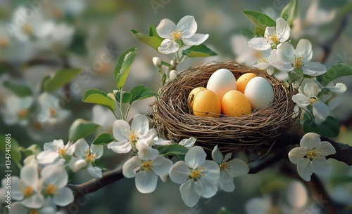 Colorful Eggs in a Nest Among Blooming Apple Tree Flowers During Springtime