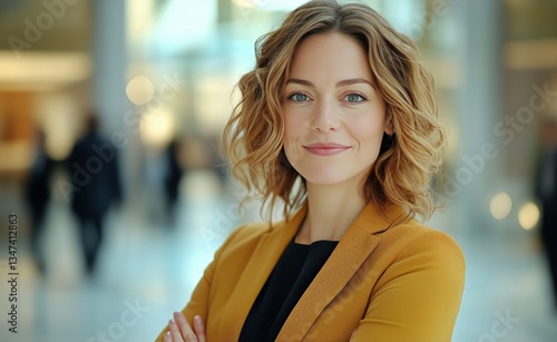 Confident Businesswoman Smiling in a Modern Office Environment With Blurred C...
