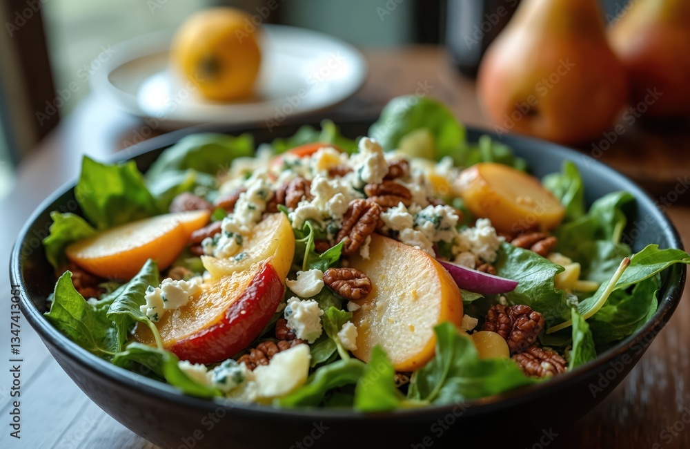 Gourmet salad bowl with mesclun greens, poached pear, blue cheese, pecan nuts. Healthy delicious food with vinaigrette dressing, mixed fresh vegetables, fruit for lunch. Tasty vegan vegetarian meal.