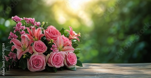 Pink Roses and Lilies Arranged Beautifully in a Bouquet on a Wooden Table Dur...