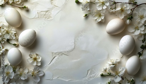 White Eggs Surrounded by Delicate White Flowers on a Light Background for Spr...