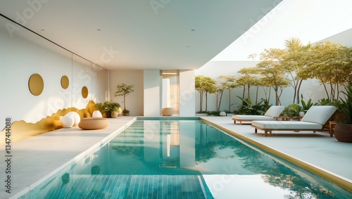 Aesthetic gradient white to gold themed indoor pool interior concept