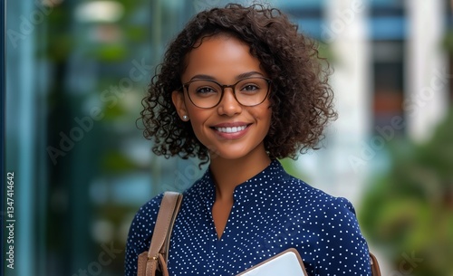 Woman With Curly Hair Smiling Confidently in Urban Setting During Daytime