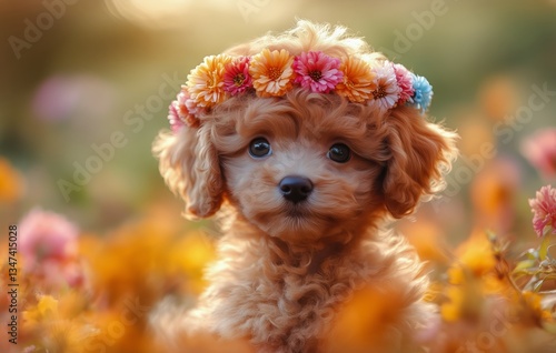 Cute Puppy Wearing a Flower Crown Surrounded by Colorful Flowers in a Sunny G...