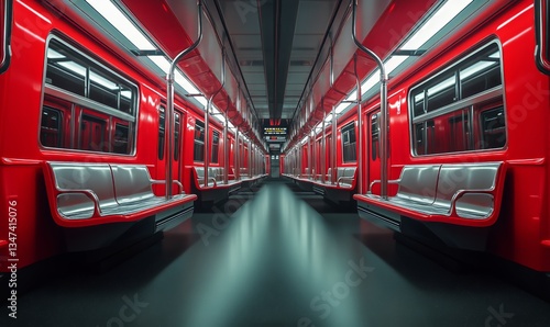 Vibrant Red Interior of an Empty Subway Train at Night With Bright Lighting I...