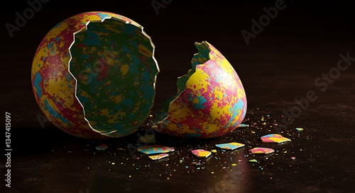 Colorful Broken Egg Splatter Paint on Dark Wood Surface 3D Render