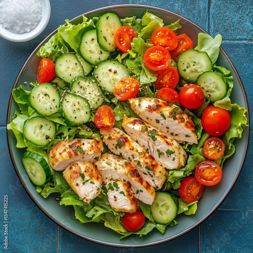 Grilled Chicken Salad With Fresh Vegetables Arranged in a Bowl on Tiled Surface