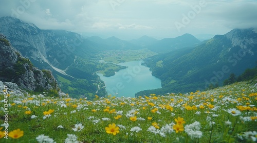 Lush mountain landscape with vibrant wildflowers overlooking a serene lake and distant hills