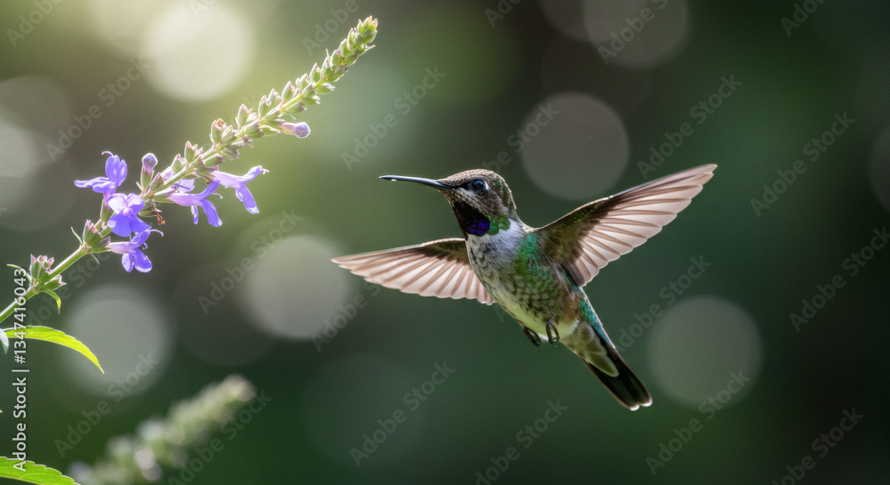 Naklejka premium A hummingbird hovering near a flower. 