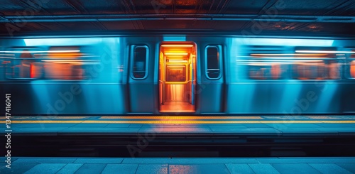 Bright Subway Train Door Opens at Night Showing Vibrant Interior and Passenge...