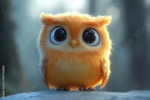 Cute orange owl with large eyes standing on a stone in a serene forest setting during daylight