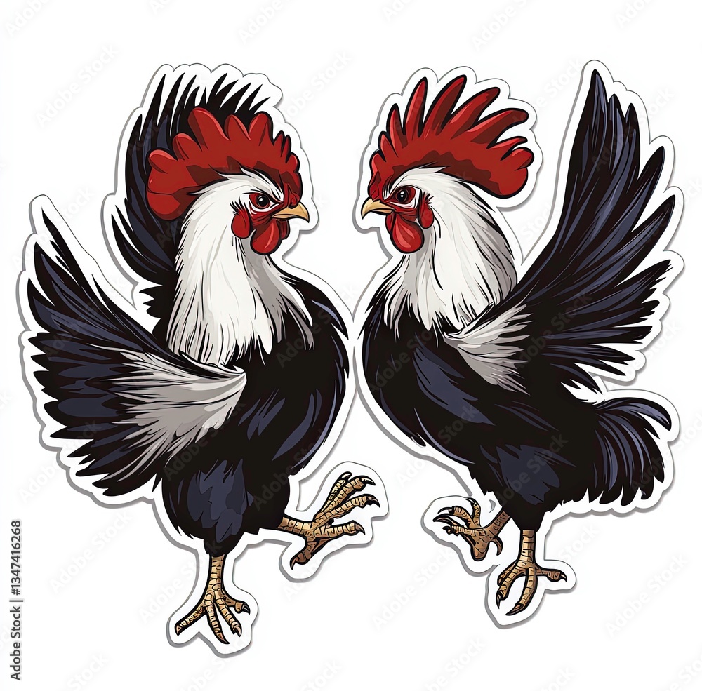 Fototapeta premium Two fighting roosters showcasing vibrant feathers and fierce expressions